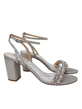 Badgley Mischka Nadine Jewel Block Heel Silver Rhinestone Bridal sandal shoe 9